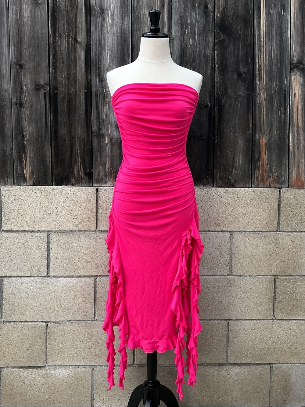 Bershka Fuchsia Pink Strapless Ruffled Midi Dress Y2K Size L